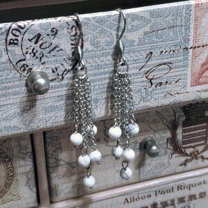 Handcrafted White Howlite Gemstone Beads Surgical Stainless Steel Chain Earrings